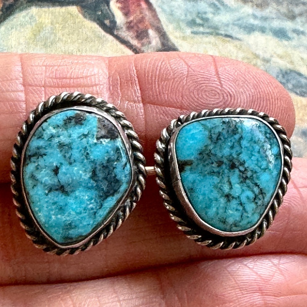 Navajo Turquoise Earrings Screw Back Sterling MCM Native American Old Blue